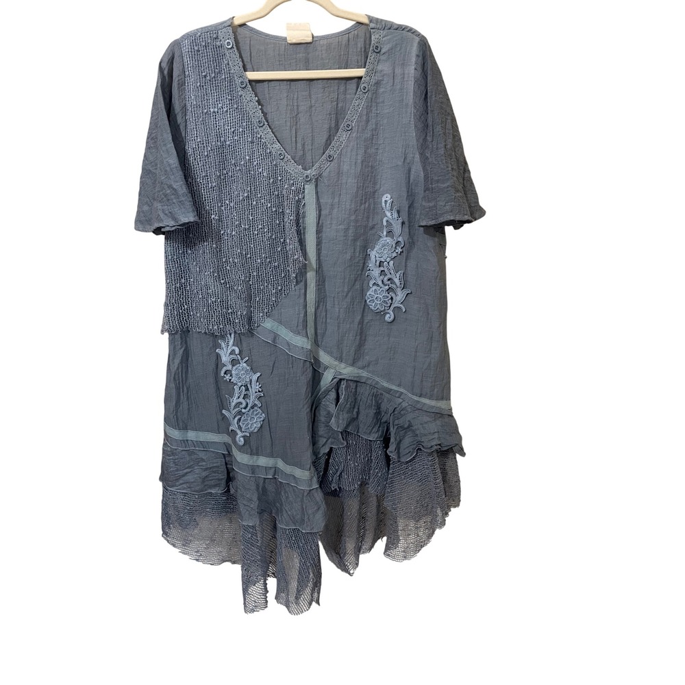 Pretty Angel Size 1X Blue Mixed Media Asymmetric Long Tunic Lagenlook Artsy